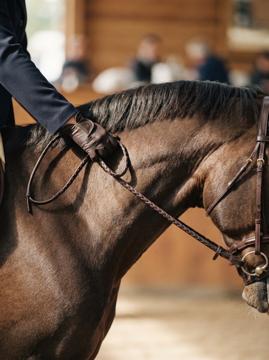 Editorial detail image of a rider's hand holding reins with fine leather tack and a horse's mane in view