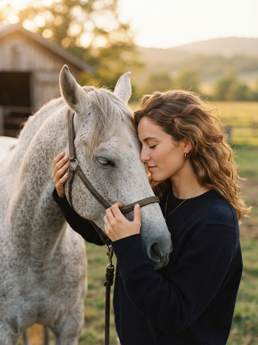 A quiet, tender portrait of a woman embracing her grey horse, foreheads nearly touching in soft warm evening light during a Connecticut horse and rider photography session