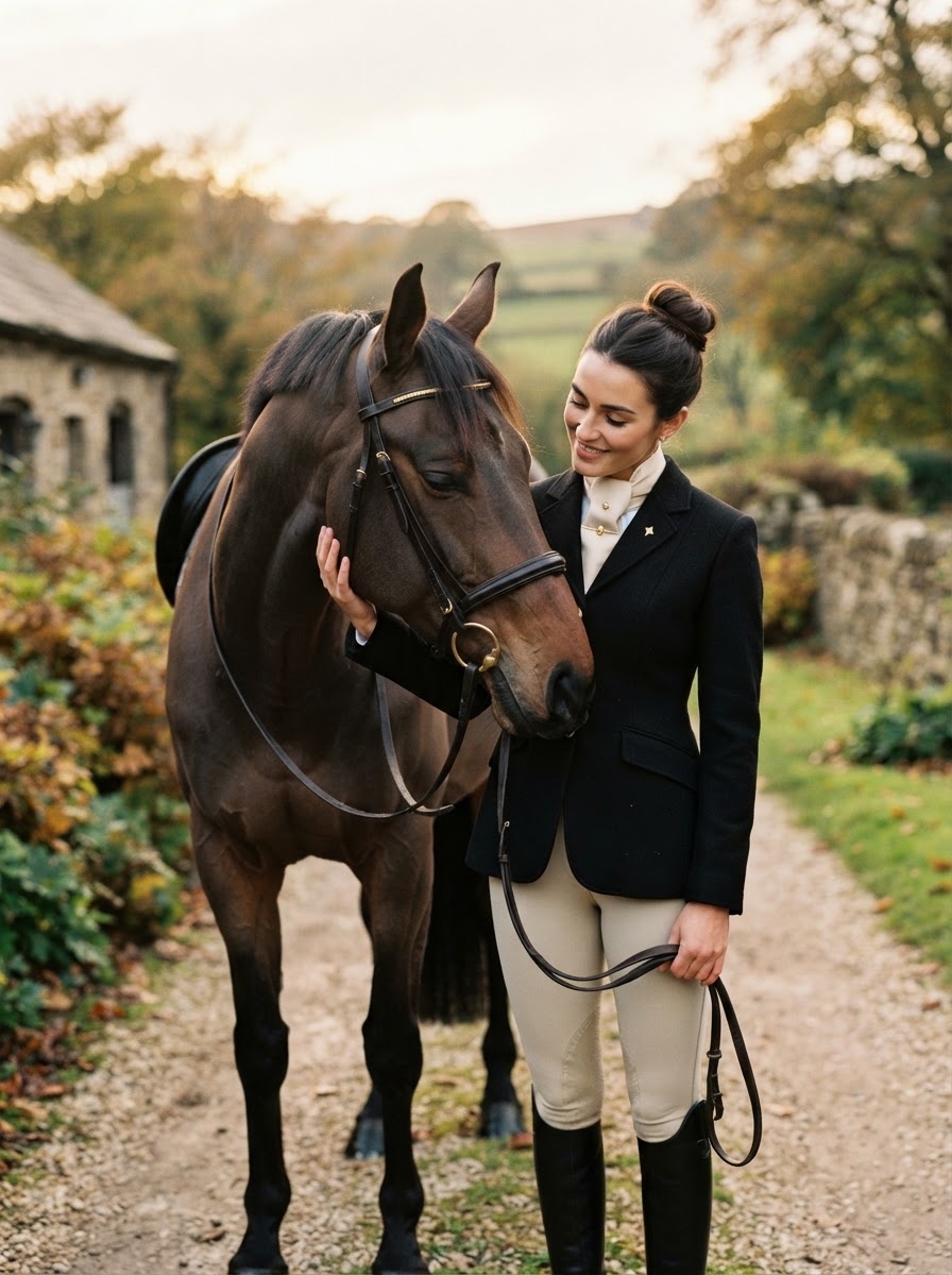 Editorial horse and rider image of a rider standing beside a horse turned toward them in soft outdoor light