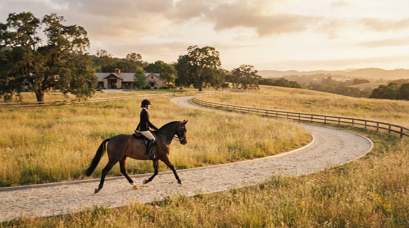 Editorial closing image of a horse and rider in motion in a field with strong negative space