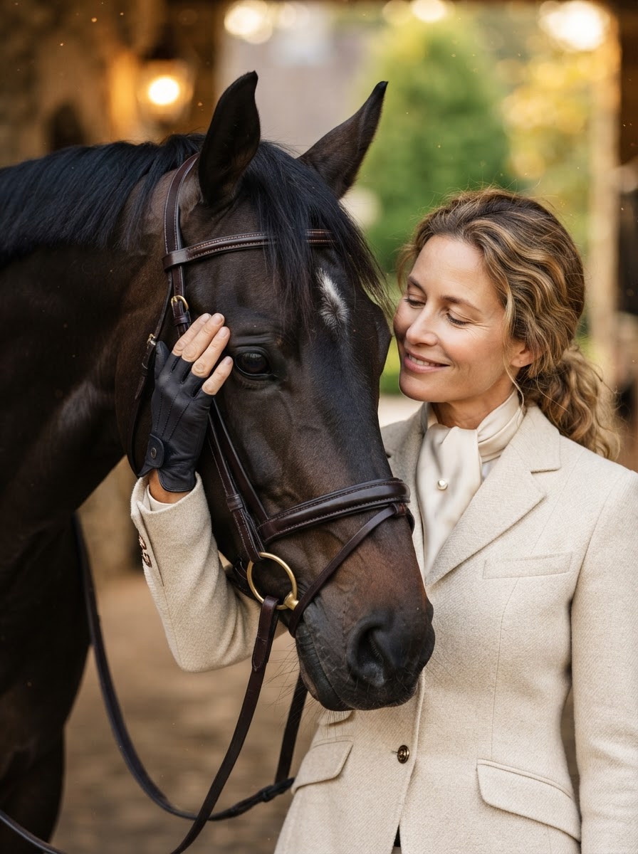 Editorial close image of a rider touching a dark horse's forehead with correctly fitted tack in soft light