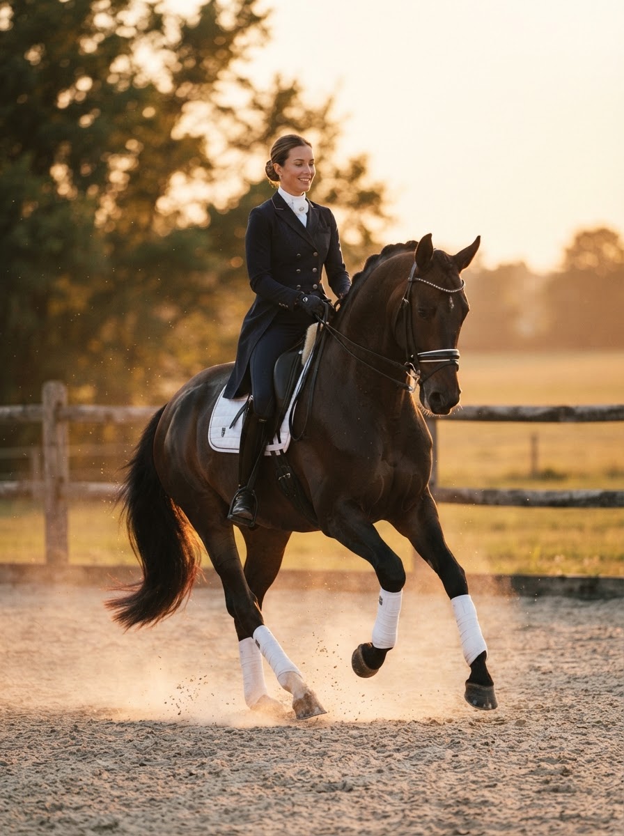 Performance horse photography of a rider and horse moving together in collected motion under golden hour light during a Connecticut equestrian session