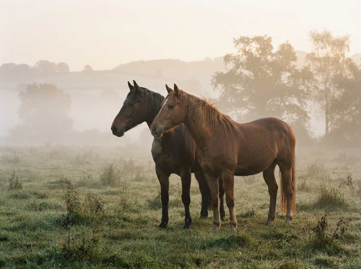 Two horses standing close together in a misty field at dawn in quiet companionship, soft fog and pale golden light during an equine portrait session