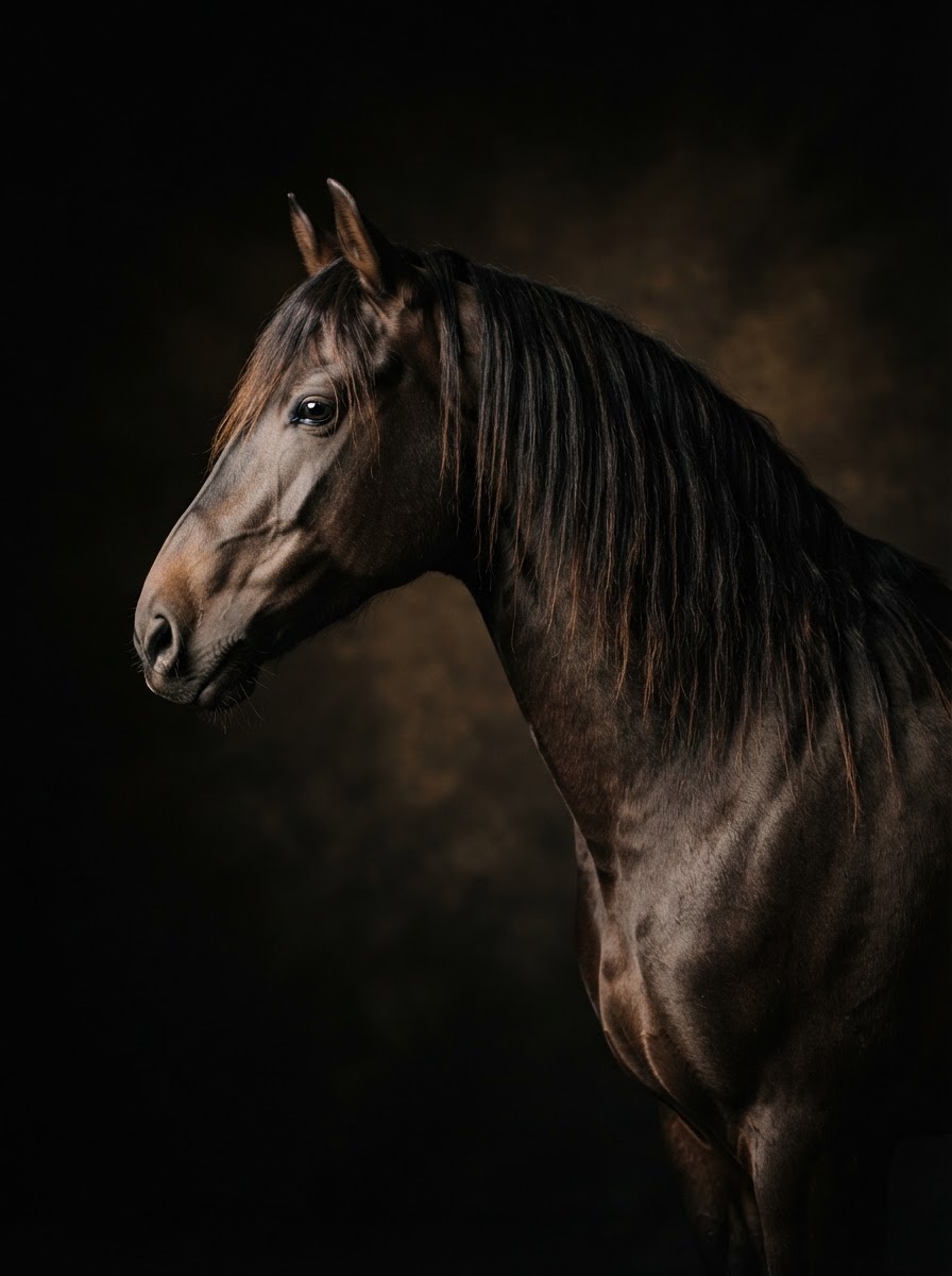 Editorial portrait of a dark horse in profile against a warm neutral and deep black background