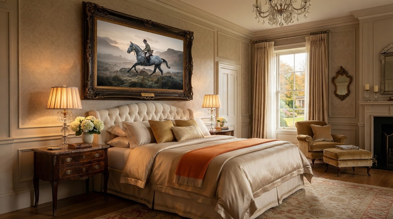 A framed fine art horse print displayed on the wall of a quiet, elegant Connecticut home, created as heirloom artwork