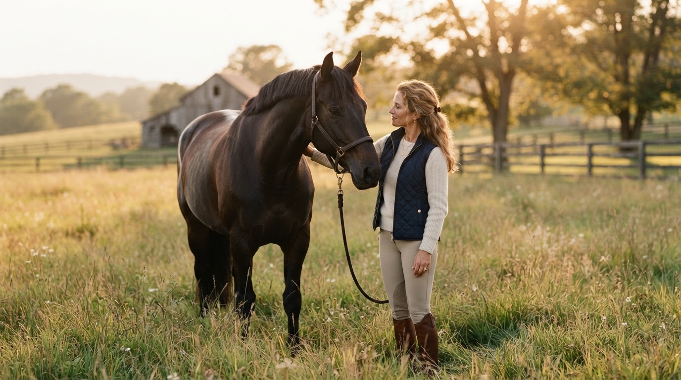 A woman standing close beside her dark horse during a fine-art horse and rider photography session in Connecticut, sharing a quiet moment of connection in soft golden hour light