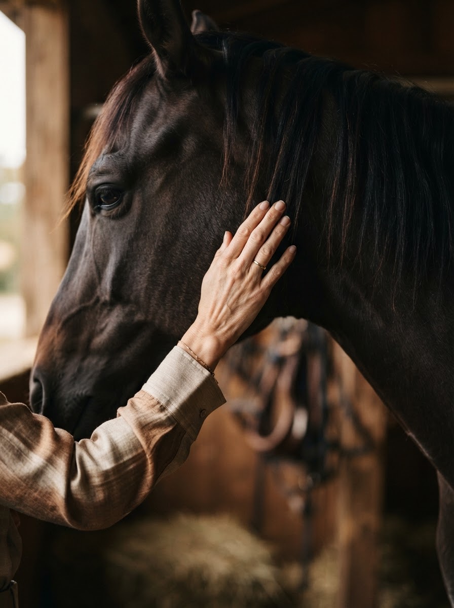 Editorial detail image of a woman's hand resting gently against a dark horse's neck with flowing fabric