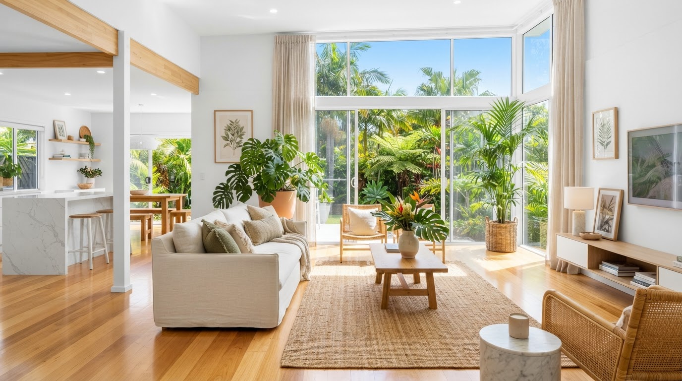 Bright, freshly cleaned living room with tropical plants and sunlight