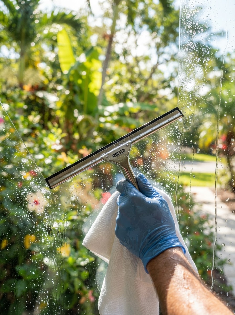 Professional cleaner wiping a sparkling window with a squeegee