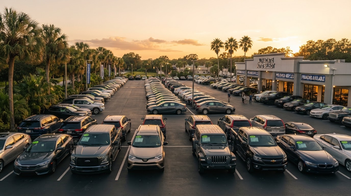 Inventory Auto dealership lot at golden hour in Altamonte Springs, Florida