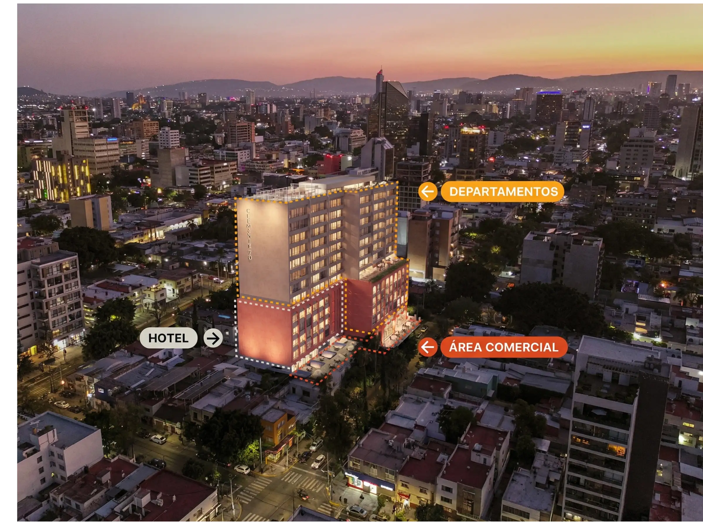 Distribución Clemente 70: Departamentos, Hotel y Área Comercial