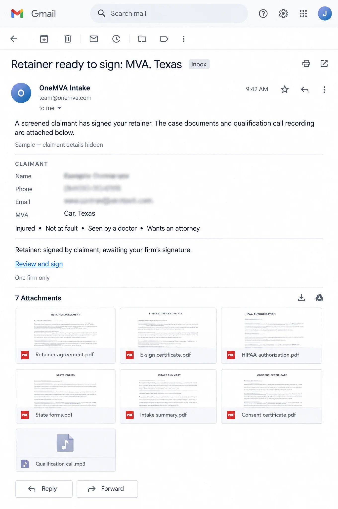 Sample email in a Gmail inbox from OneMVA Intake, subject: Retainer ready to sign: MVA, Texas. The claimant's name, phone and email are blurred. The retainer is signed by the claimant and awaiting your firm's signature. Seven attachments: retainer agreement, e-sign certificate, HIPAA authorization, state forms, intake summary, consent certificate and the qualification call recording.