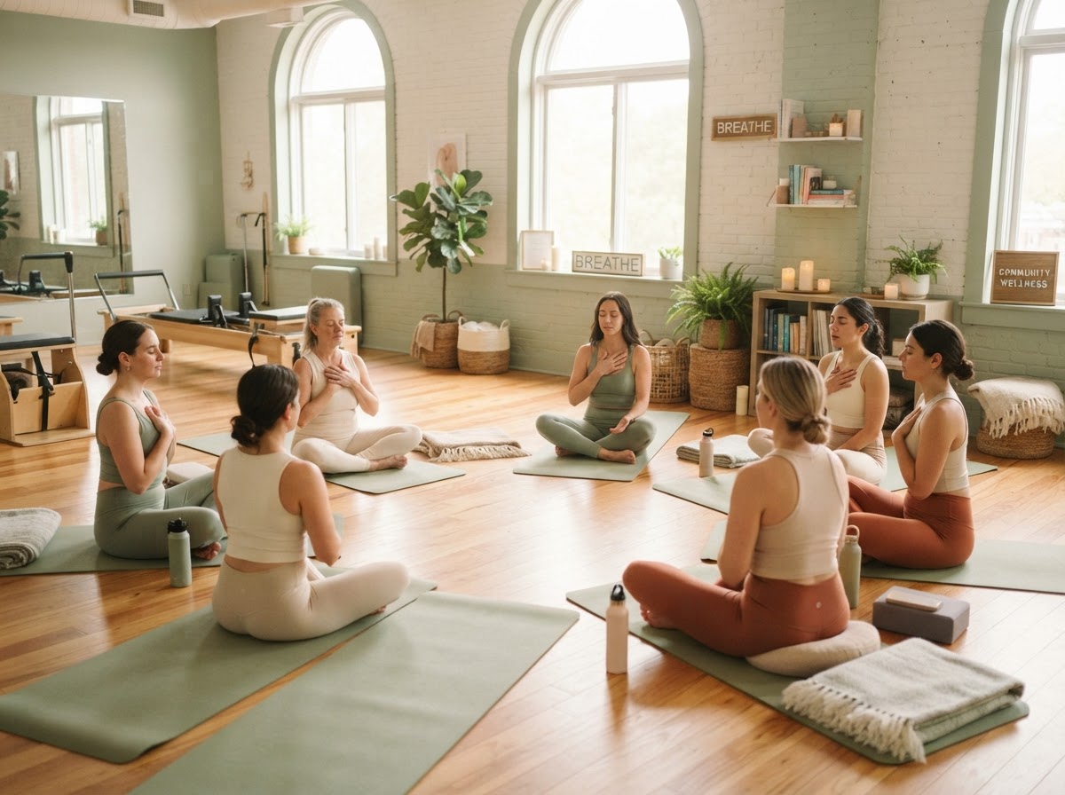 Women gathered in a wellness studio for movement and breathwork