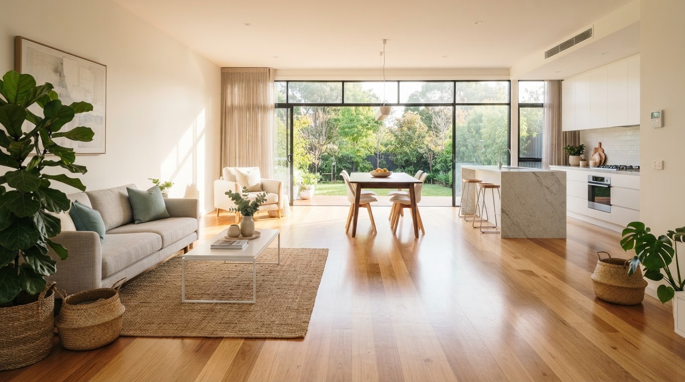 Bright, freshly cleaned open-plan home interior with morning sunlight