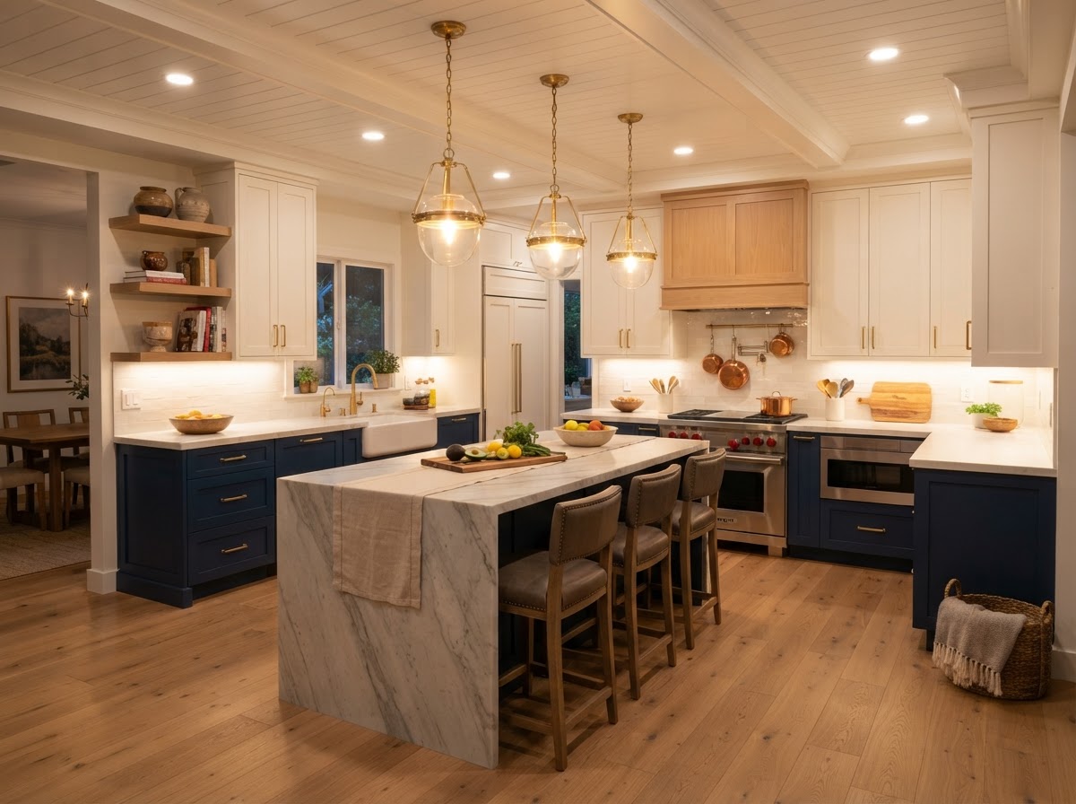 A bright modern residential kitchen with warm recessed and under-cabinet lighting