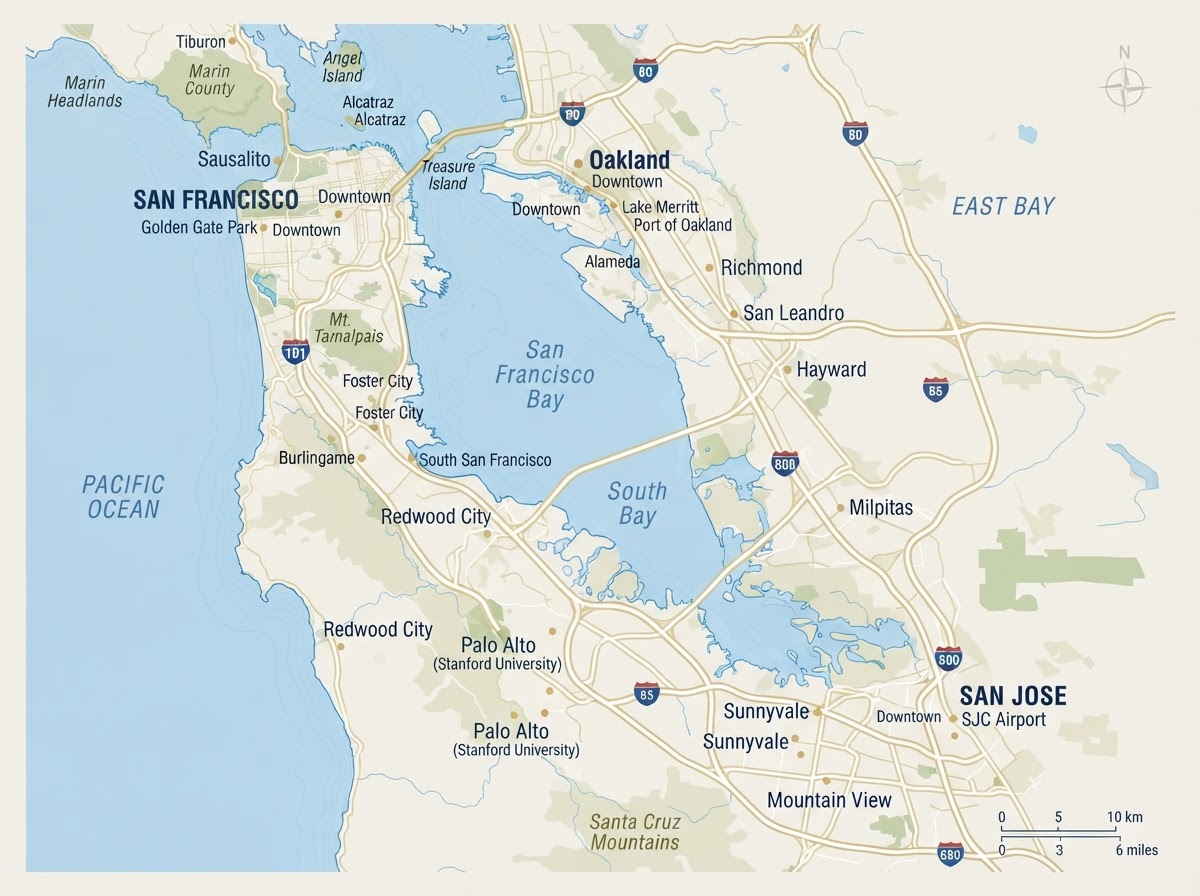 Map of the San Francisco Bay Area spanning from San Francisco to San Jose