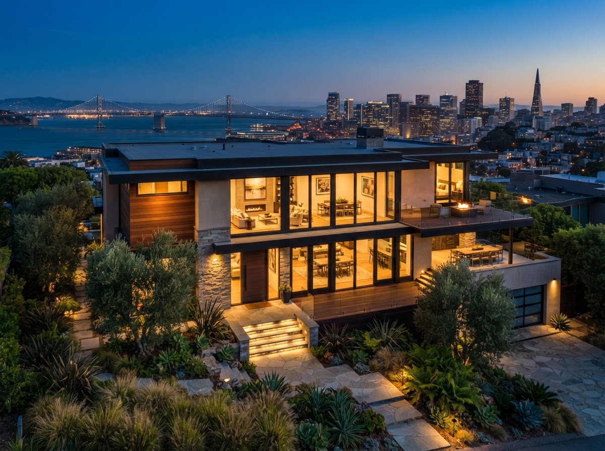 A beautiful San Francisco Bay Area home at dusk with warm architectural lighting