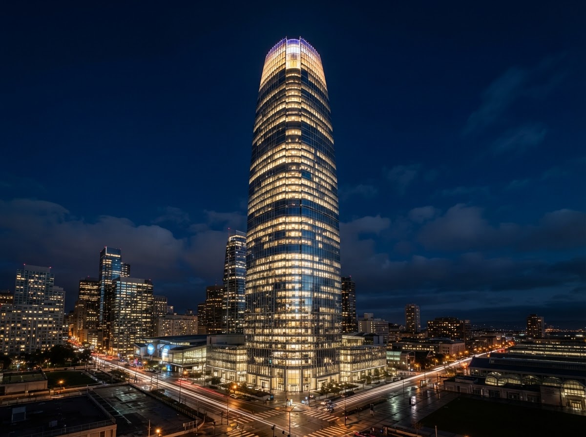 A modern San Francisco high-rise commercial building at night with illuminated windows