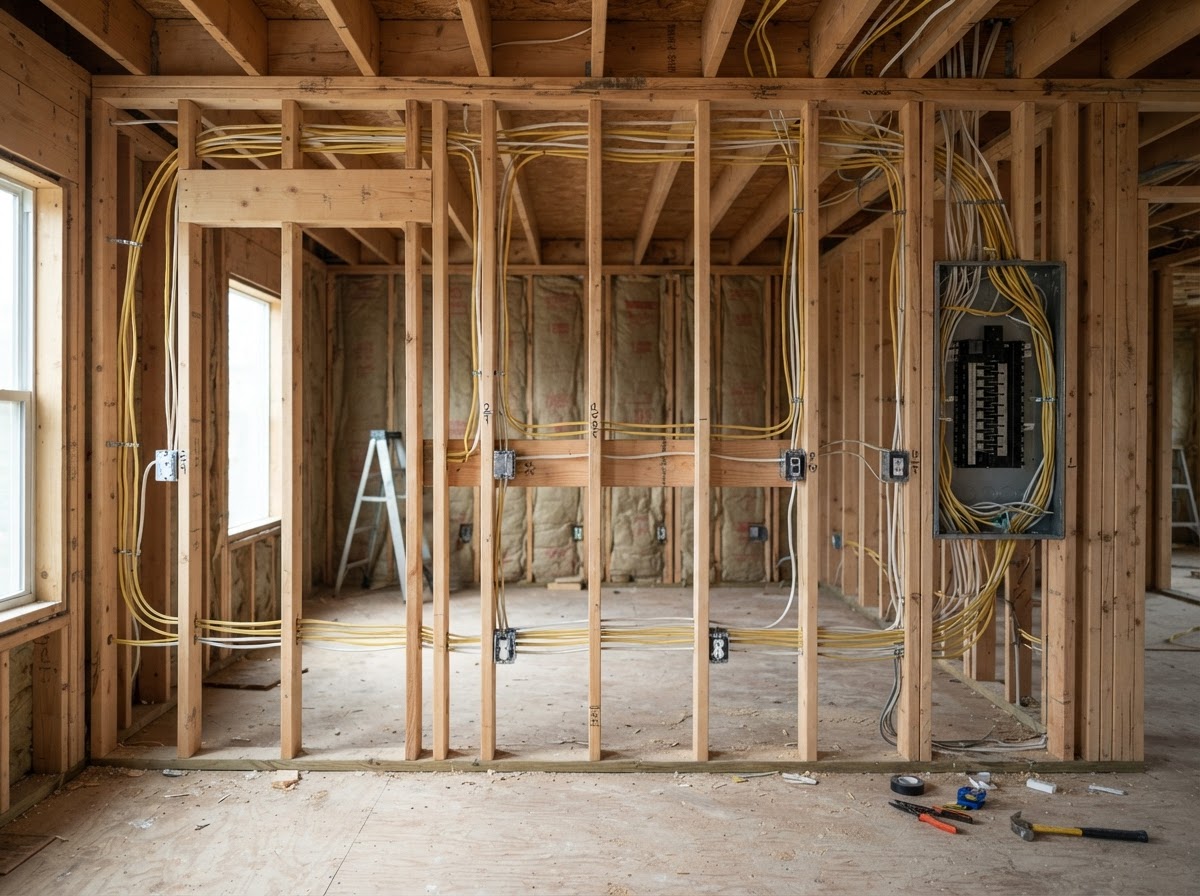 Interior of a home under construction with newly installed electrical wiring routed through wood framing