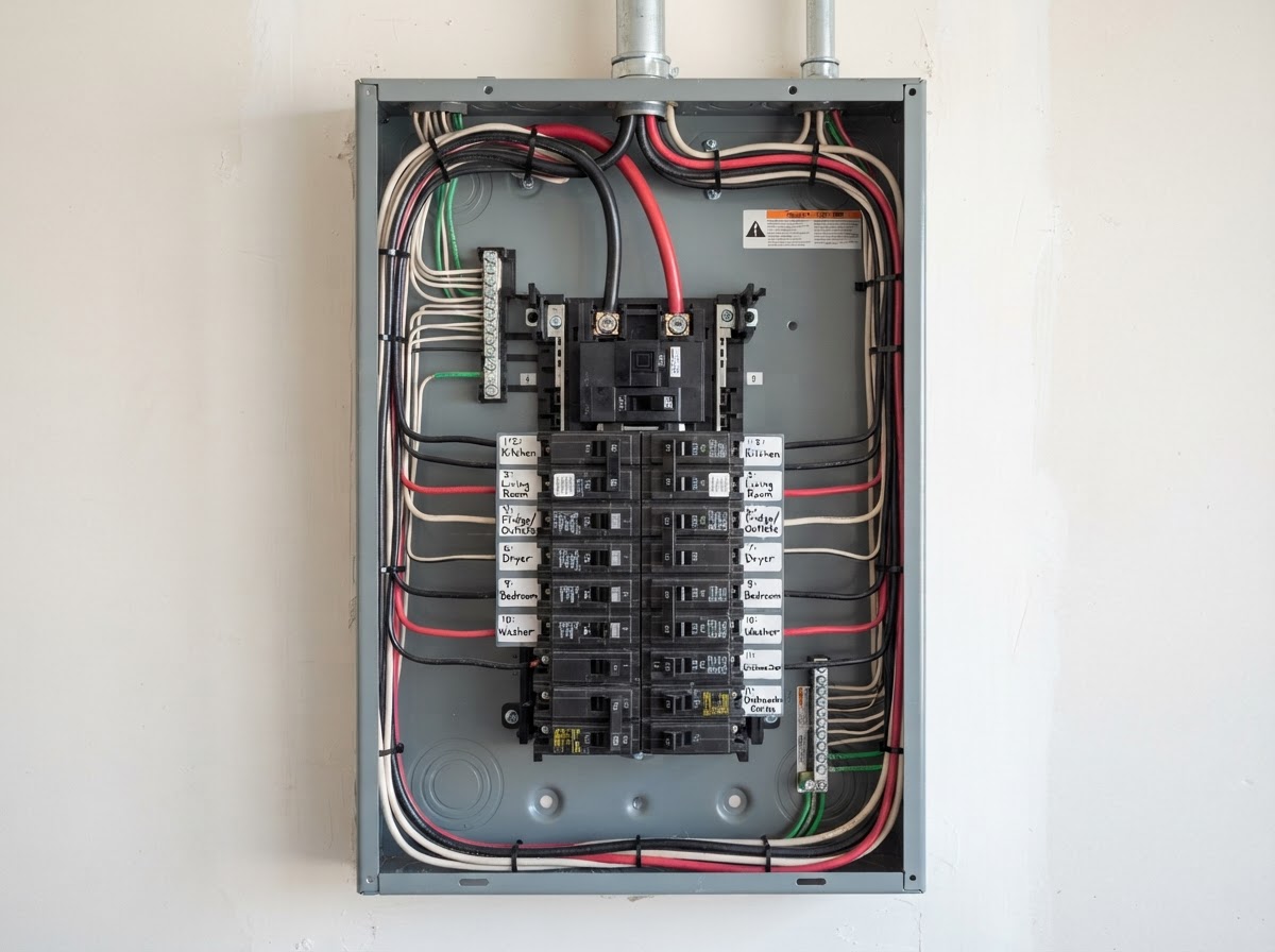 A neat residential electrical circuit breaker panel box with organized breakers
