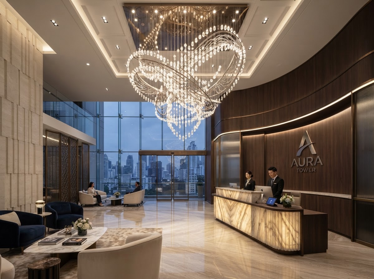 A modern commercial building reception area with a stunning contemporary chandelier