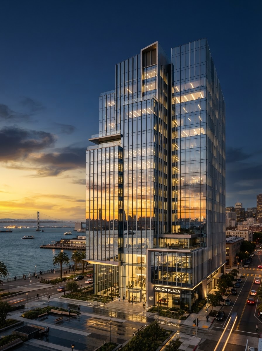 A modern commercial office building with sleek architectural lighting in the Bay Area