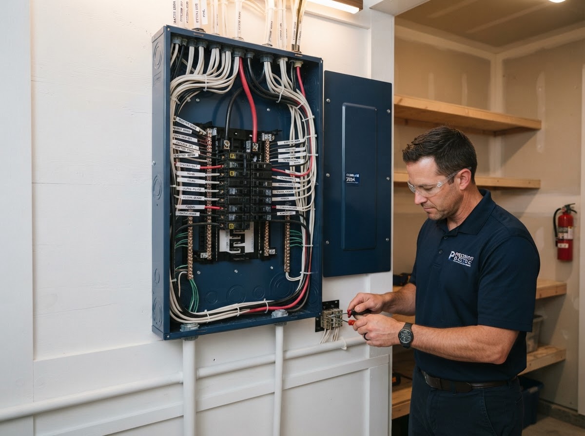 A modern residential electrical panel installation with neatly organized wiring