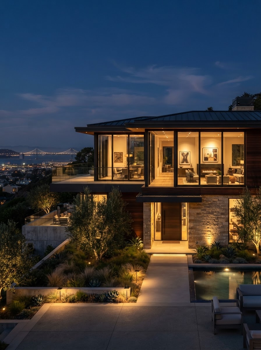 A modern Bay Area residential home at dusk with warm architectural lighting
