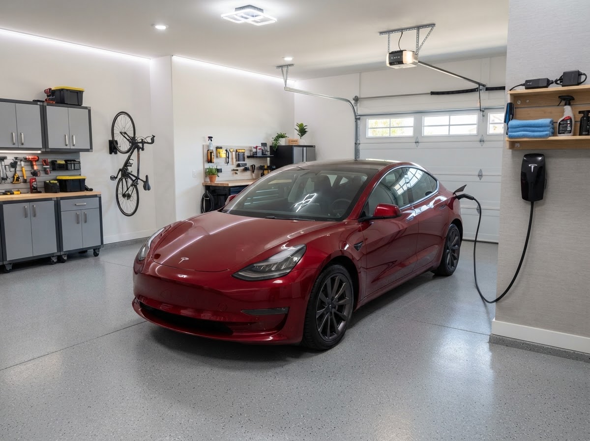 A modern residential garage with an EV charging station charging a Tesla
