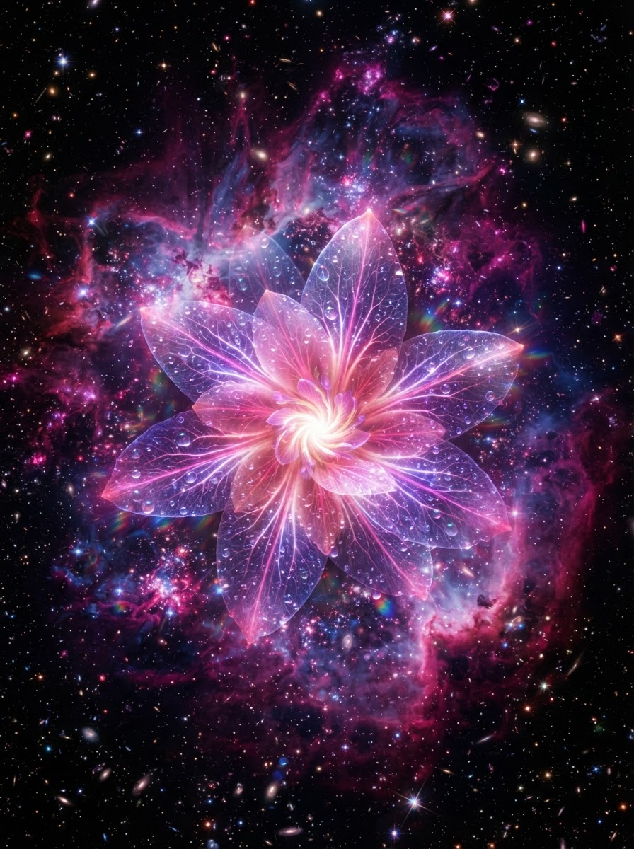 The tuberose blooming out of a violet-and-magenta nebula — the arc of a year, genesis through grace, written from the dash
