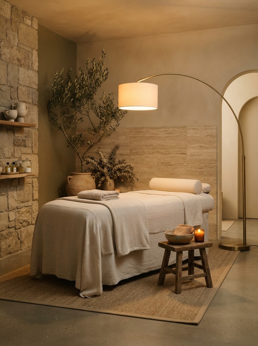 a treatment bed under an arched lamp in a warm med-spa room