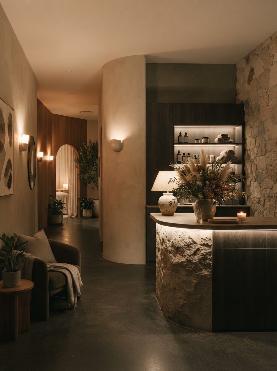 a warm med-spa reception and interior with stone surfaces