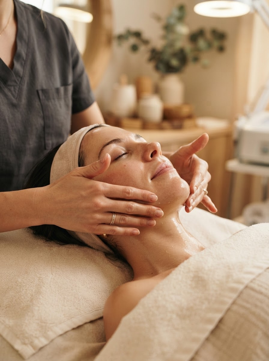 a treatment in progress, gentle hands and warm light on relaxed skin