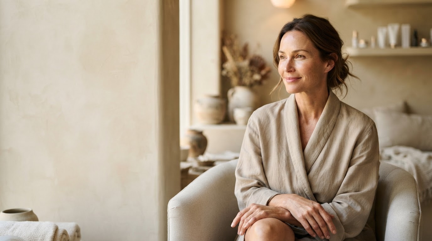 a warm med-spa treatment room scene in soft amber light