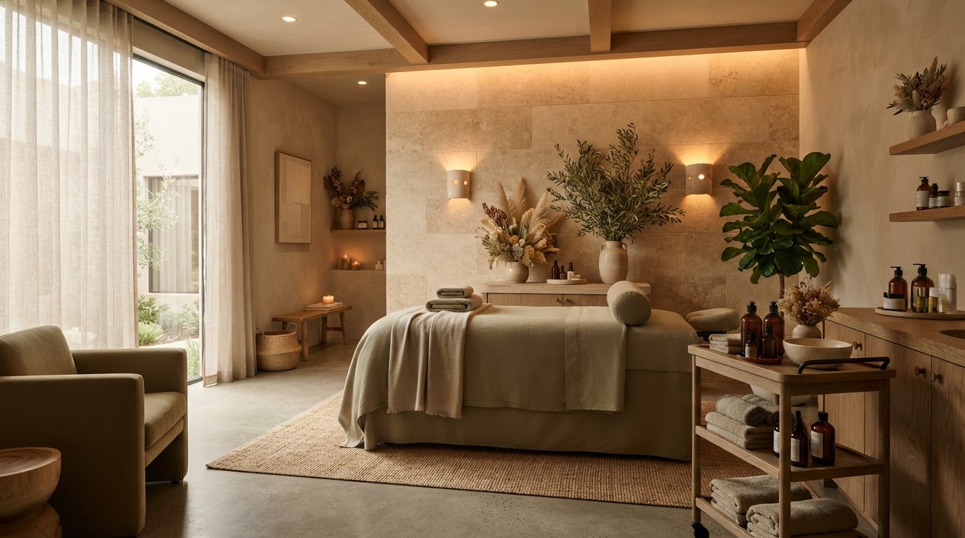 a calm editorial med-spa portrait in soft warm light