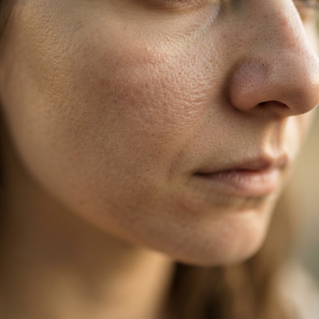a natural skin close-up in warm amber light
