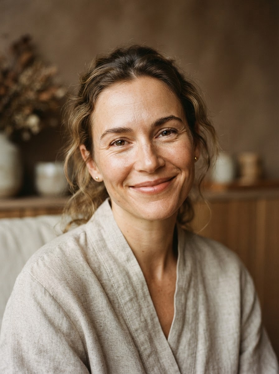 a smiling portrait against a warm brown background