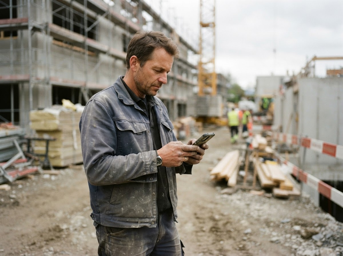 Handwerker prüft auf der Baustelle eine Kundenanfrage auf dem Handy