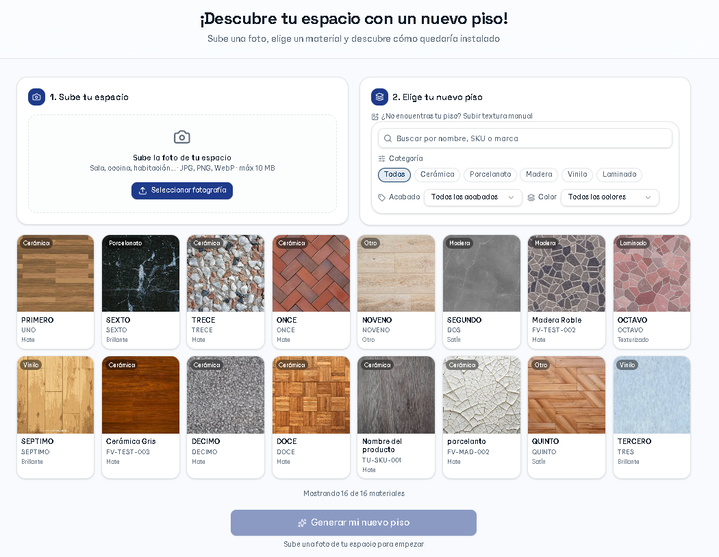 Visualizador FloorVision integrado en el sitio web del comercio: sube tu espacio, elige tu piso y genera