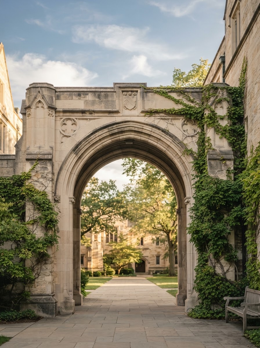 College campus archway framing a soft blue sky
