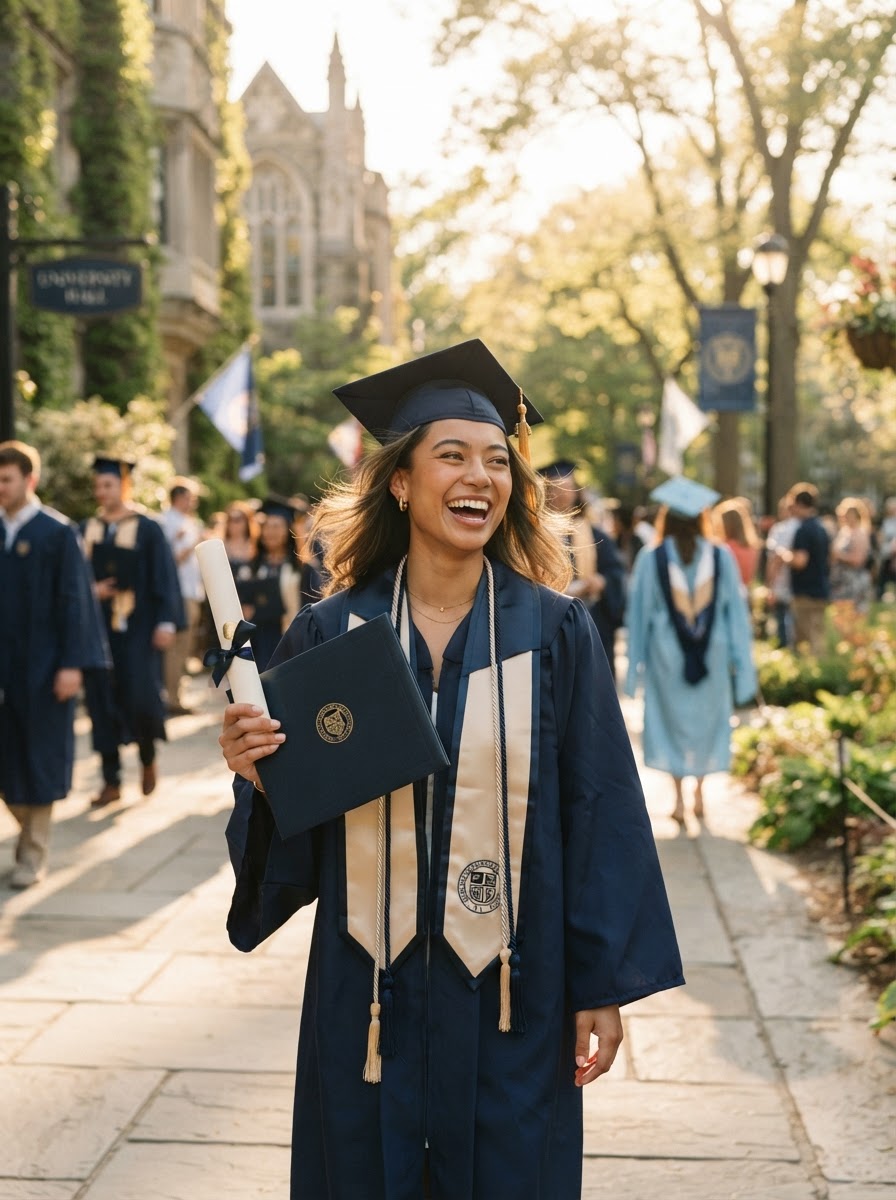 Graduate celebrating on a college campus
