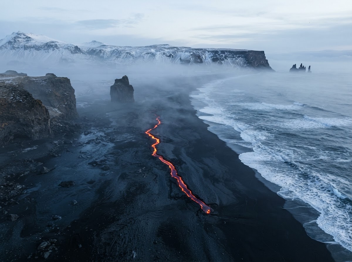 Vulkanisch zwart zandstrand met een lavakloof