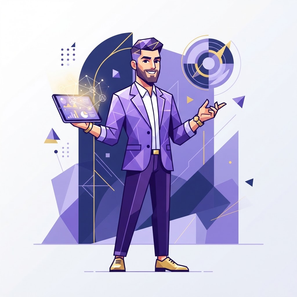 Cartoon illustration of a male business founder with a tablet