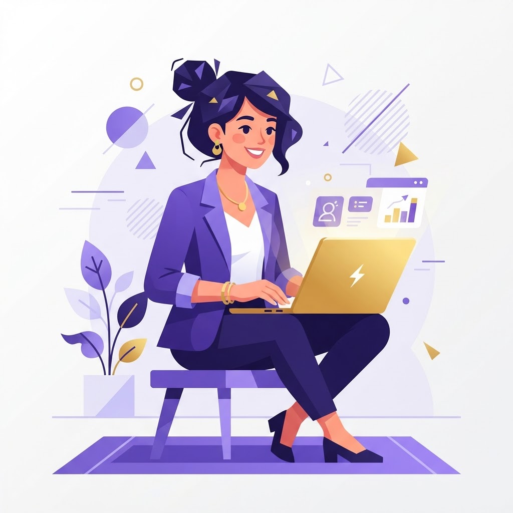 Cartoon illustration of a confident female entrepreneur with a laptop