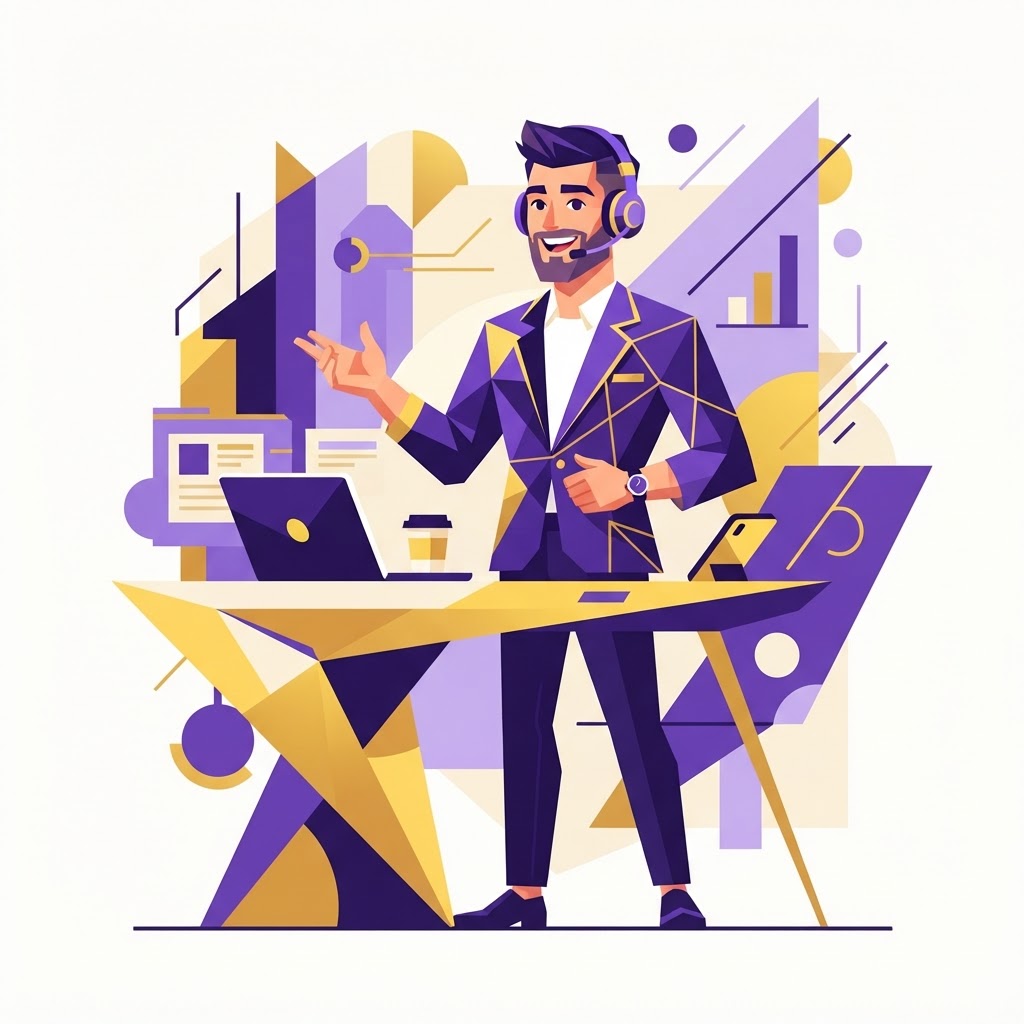Cartoon illustration of a male agency owner with a headset