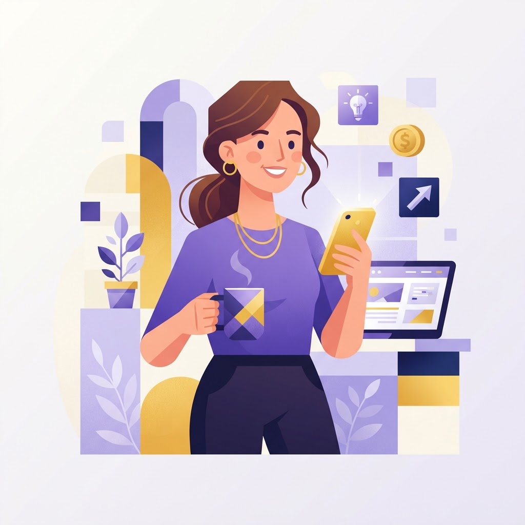 Cartoon illustration of a small business owner with a coffee cup and phone