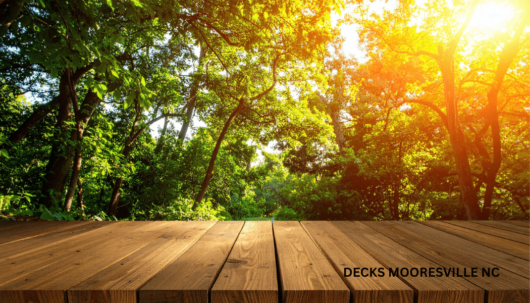 Wooden deck with sun in background