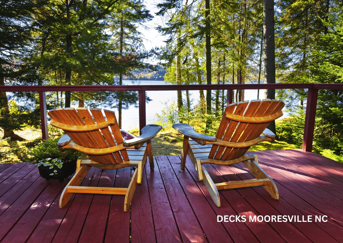 Wooden deck with two wooden chairs looking at a lake