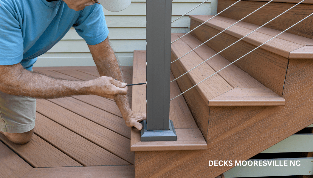 Trex deck and stairs with a man installing a metal railing