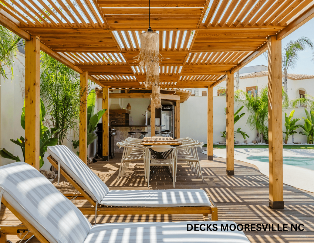 Custom wooden pergola with bar and seating